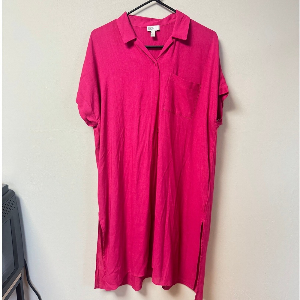 Nordstrom Rack Fuchsia Pink Viscose Button Down Shirt Dress Short Sleeve Small